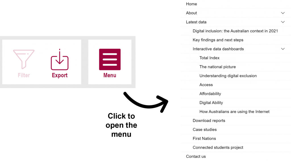 Dashboard menu showing interactive dashboard pages