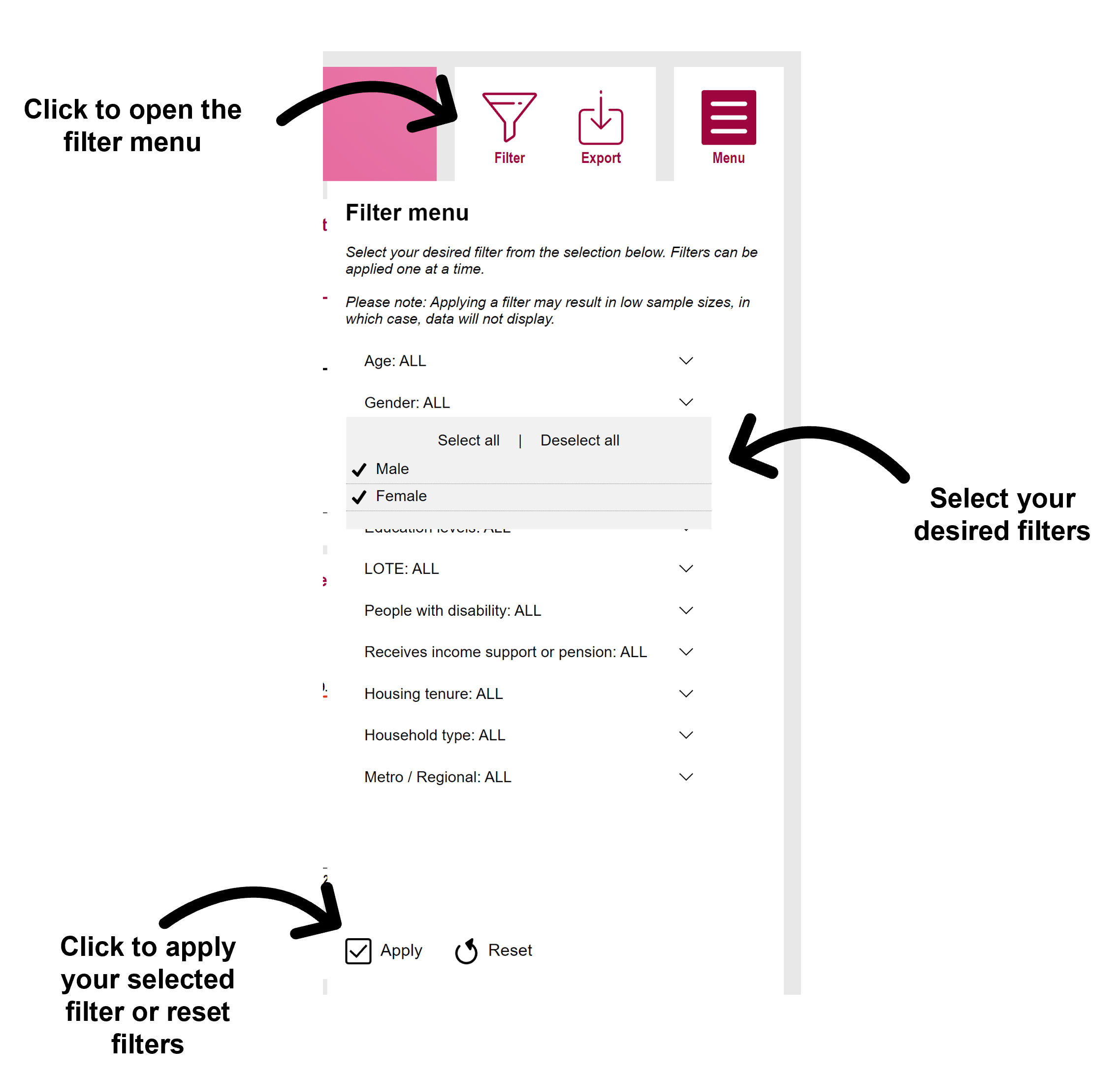 An example showing how to use the filter menu