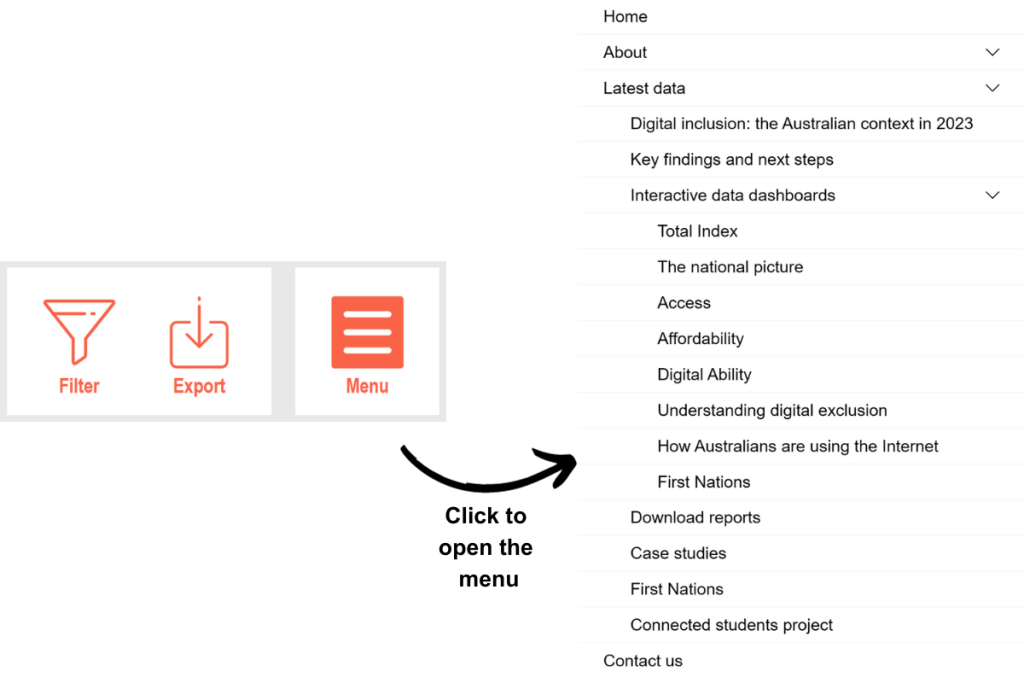 Dashboard menu showing interactive dashboard pages